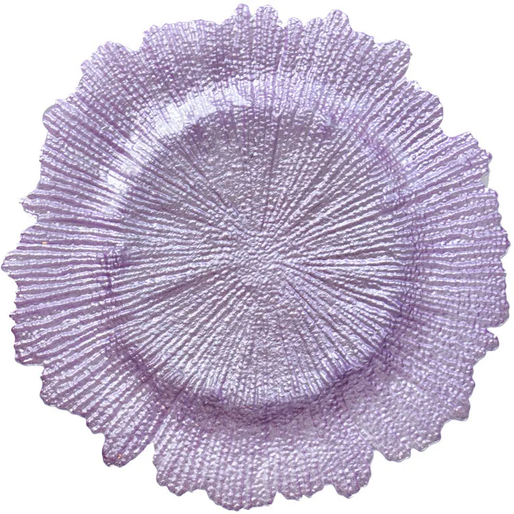 Placa de carga de cristal en forma de flor, placa de carga de Color púrpura claro para boda y evento, venta al por mayor de fábrica