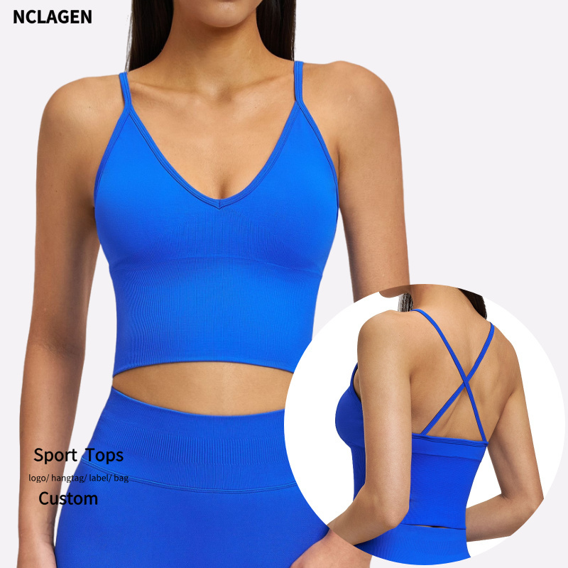 NCLAGEN New Arrival Women's Seamless Yoga Bra with Cross-Back Design Deep V Neck Quick Dry Sports Tank Top Padded Gym Wear Top