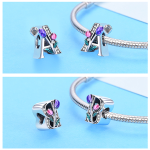 Capital Letter A-Z <strong>Charm</strong> 925 Sterling Silver Pink Purple Tulips Letter Enamel Initial Bead Alphabet <strong>Charm</strong> for Original Bracelet - Product Image 2