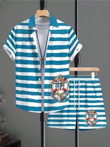 Ensemble 2 pièces d'été pour <span class=keywords><strong>homme</strong></span>, haut de gamme, imprimé 3D, à rayures, respirant, chemise à manches courtes et short, <span class=keywords><strong>tenue</strong></span> de plage - Product Image 1