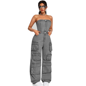 Fashion Summer Women Denim Sleeveless Jean Rompers One Piece 2024 Autumn Streetwear Strapless Overalls <strong>Outfits</strong> - Product Image 4