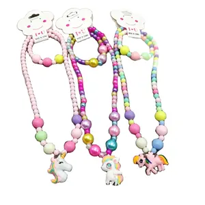 In-stock Hot sale 2pcs colorful kids necklace Newest unicorn necklace kids Pendant kids pearl necklace Match Hand catenary