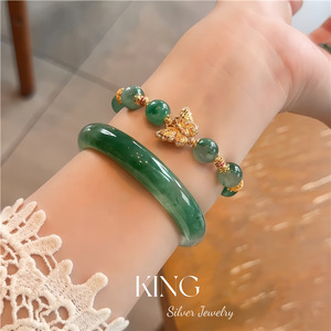 Jadeite Butterfly <b>Bracelet</b> S925 Sterling Silver Gold Plated Green <b>Beads</b> Women Everyday Wear - Product Image 5