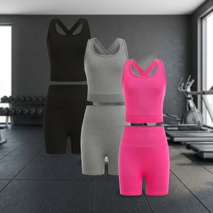 Conjunto de Ropa de Yoga para Niñas, Sujetador Deportivo con Espalda Cruzada, Pantalones Cortos de Cintura Alta, Negro, Gris, Rosa, Spandex, Poliéster, Secado Rápido, Conjunto de Spandex/Algodón - Product Image 4