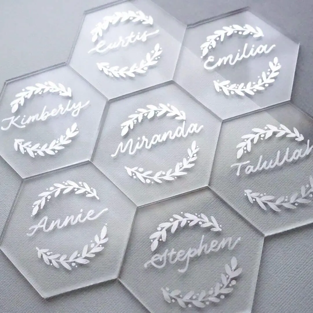 Tarjetas de boda de acrílico transparente, tarjetas de mesa hexagonales en blanco para asientos de cena, fiestas, invitados, señales de comida con nombre