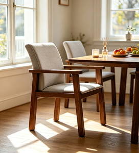 Fauteuil scandinave moderne en bois avec revêtement crème pour salle à manger - Product Image 3
