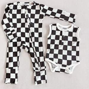 Damier grille bébé à manches longues fermeture éclair barboteuse unisexe bébé fille et enfant en bas âge garçon sommeil pyjamas fabriqué à partir de 95% bambou 5% Spandex - Product Image 2