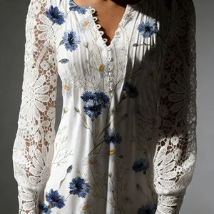 Chemise à manches en dentelle blanche menthe pour femmes - Haut décontracté à col en V respirant avec boutons sur le devant pour tous les jours et les fêtes, mélange de polyester et d'élasthanne - Product Image 4