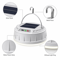 Lampe de camping LED solaire rechargeable V158, étanche, portable, avec bouton poussoir, double interrupteur, lanterne de tente, lampe suspendue pour l'extérieur