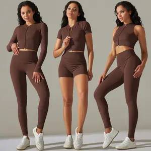 Trendy Women Gym Fitness 6 Pcs Set Seamless Sports Bra High Waist Leggings Shorts Yoga Wear Ribbed Leggings Sports Wear