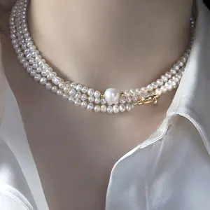 14 Karat vergoldete lange Perlenkette 925 Sterling Silber OT Halskette Kragen Largos De Perlas Para Mujer