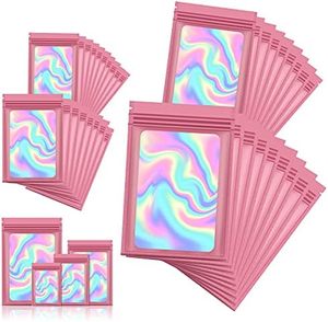 Bolsa con cierre hermético plano holográfico Rosa personalizable bolsas de plástico con calor de arcoíris impermeables para embalaje de alimentos recerrables - Product Image 1