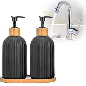 Banyo mutfak sıvı sabunluk için bambu basın pompası ile 400ML cam sabunluk