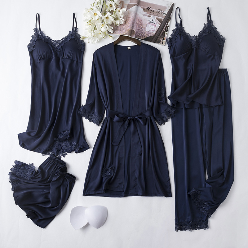 Set da cinque pezzi in raso di seta - Fiore blu navy idrosolubile