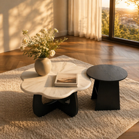 Table basse de salon sur mesure en bois sculpté avec panneau en forme de pétale, tiroir de rangement dissimulé et écologique