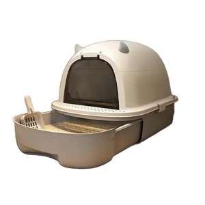 Fully Enclosed Oval Cat Litter Box With Drawer Style Gray Large Size Closed Pet Toilet For Cats - Product Image 5