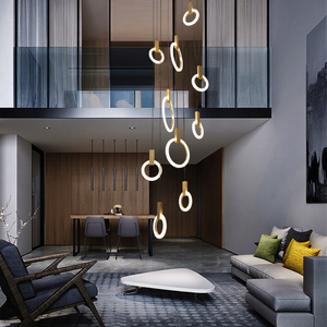Staircase Decorative Linear Rings Chandelier Glass Crystal Gold <b>Modern</b> Circles <b>Ceiling</b> Pendant <b>Light</b> - Product Image 1