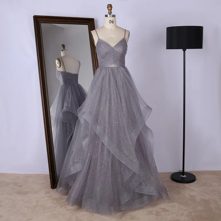 Grey navy blush ball gown Hand Made Pleats Bodice Deep V Neck Ruffle Skirt Solid Color Shine Tulle Prom Dress