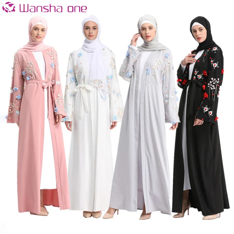 Nieuwste Ontwerpen Zwart 3D Bloemen Dubai Open Bloemen Kimono Vest Kaftan Hijab Nieuwe Model Moslim Jurken Abaya Islamitische