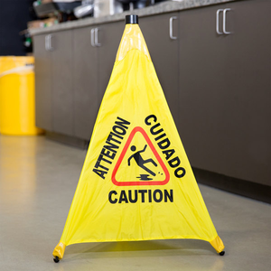 Venta al por mayor de tela de nailon amarillo advertencia peligro resbaladizo señalización de seguridad cono práctico trípode emergente de 3 lados suelo húmedo cono de señal de precaución - Product Image 6