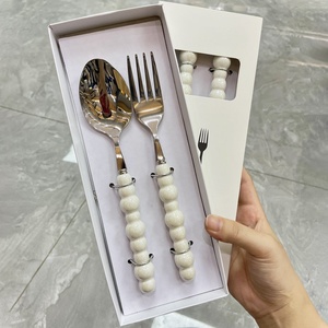 Juego de cubiertos de acero inoxidable con mango de cerámica perlada, cuchillo para carne, tenedor para postre, cuchara, para el hogar, restaurante, hotel. - Product Image 1