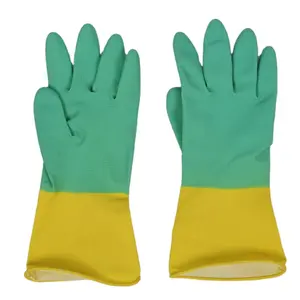 Gants de nettoyage en latex de cuisine en caoutchouc vert et jaune double couleur de haute qualité