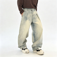 Nouveau pantalon en jean délavé bleu coupe droite ample et tendance - Style basique américain avec motif peint à la main