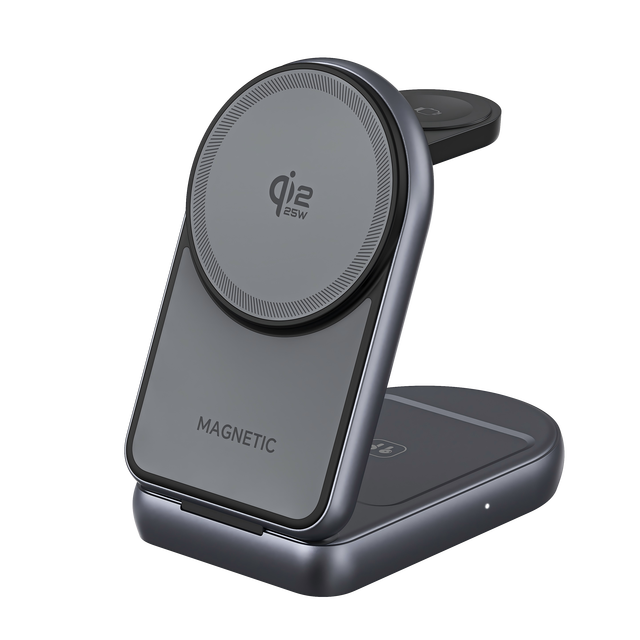 25W Qi2 Magnetic 3-in-1 Wireless Charging Station,Foldable Fast Charger Stand Compatible with IPhone,iWatch Ultra/SE, Earbuds