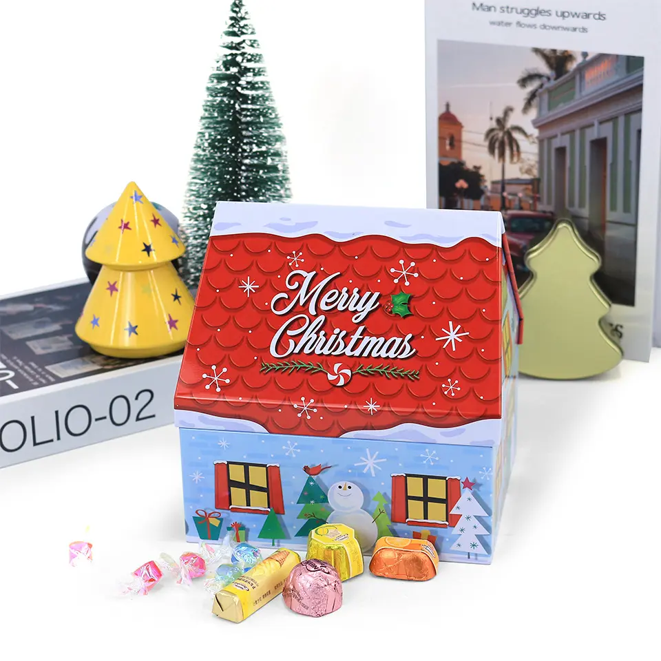JYB الجملة منزل شكل المعادن علبة من القَصدير الأطفال عطلة عرض هدية عيد الميلاد القصدير مربع