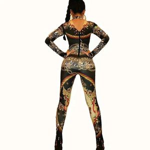 Sexy Printing Flowers Black Jumpsuit <strong>Sparkling</strong> Crystals <strong>Bodysuit</strong> Celebrate Stage Wear Costume Nightclub Wear - Product Image 2