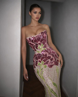 Robe de soirée sirène sans bretelles LM D289, col cœur, fleurs, sequins, broderie rose et verte, robe de cérémonie
