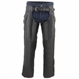 Chaps de moto en cuir véritable noir pour homme, de qualité supérieure, avec fermetures éclair latérales doubles, poches utilitaires, utilisables toute l'année - Product Image 1