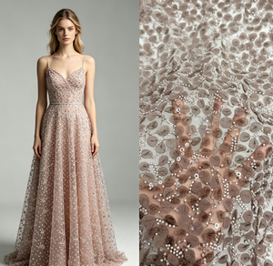 Tissu en dentelle perlée, sequins et strass, marron taupe multicolore pour <span class=keywords><strong>robe</strong></span> de soirée haute couture et tapis rouge - Product Image 1