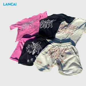 Private Label Sportswear Track Men 'S Foaming Logo Shorts de Manga Curta Jogging 100% Algodão Verão Two-Piece Men 'S Short Suit