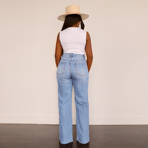 Los últimos pantalones vaqueros informales holgados de cintura alta para mujer, Pantalones vaqueros de pierna recta lavados de talla grande para niñas, <span class=keywords><strong>suavizante</strong></span> sólido rasgado de cintura media - Product Image 5