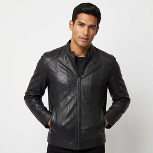Chaqueta de Cuero Genuino Negra para Hombre, Corte Ajustado, Estilo Cafe Racer, Motociclista, Piel de Vacuno, Cuello Alto, Personalizada, Clásica, Abrigo Cálido de Invierno - Product Image 1
