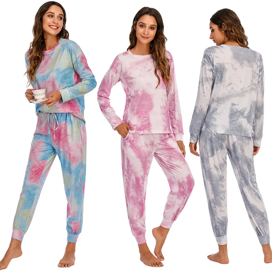 Tie dye two piece pajama set custom logo cotton women sleepwear piping pajamas for ladies home clothes print female night suit
