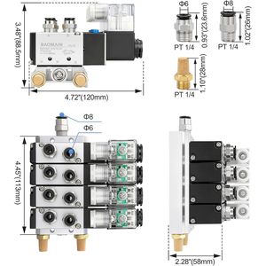 วาล์วโซลินอยด์แบบหลายทาง 4 สถานี 12V DC 5 ทาง 2 ตำแหน่ง วาล์วลมนิวแมติก พอร์ตขนาด 1/4 นิ้ว ทำจากอะลูมิเนียม - Product Image 2