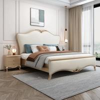Lit double en chêne massif de style chinois MAI WILL avec tête de lit éclairée, chambre moderne minimaliste, rangement haut avec coffre