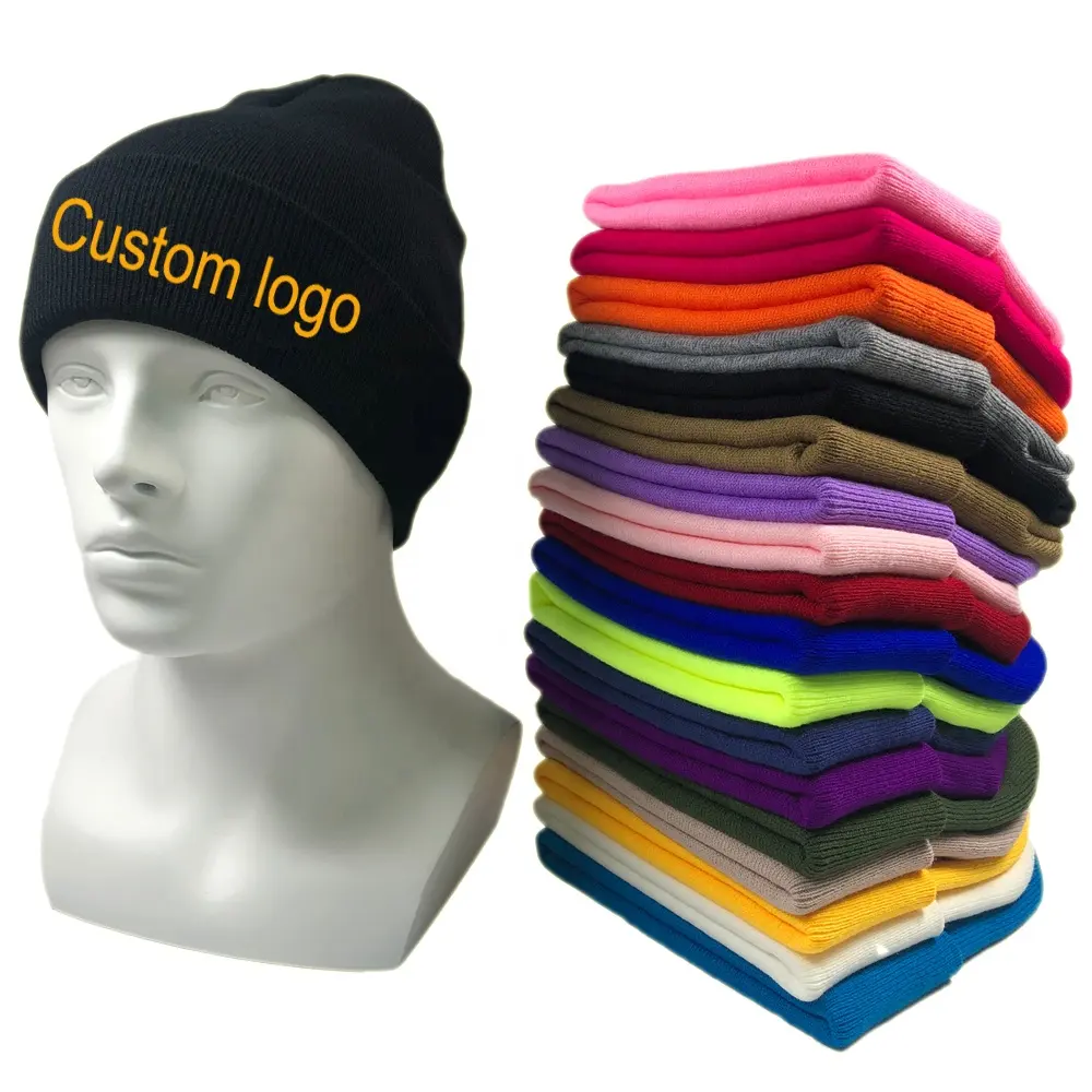 Wholesale in stock winter fashion 100 % acrylic men and women colorful plain blank logo custom beanie knitted hat