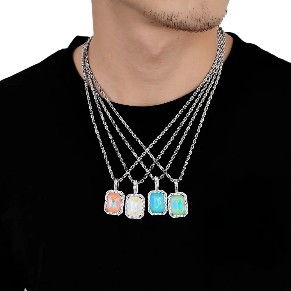 Hiphop Zirkoon Ketting Vierkant Gekleurde Edelsteen Hanger Sieraden Heren Ketting