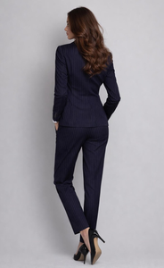Traje de Blazer y Pantalones Ajustados a Rayas Azul Marino para Mujer, Conjunto Elegante y Formal para Oficina, Traje de Pantalón Profesional Chic de Estilo Moderno - Product Image 3