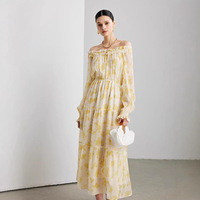 Robe longue élégante en soie de mûrier pour femme, imprimé vintage, col bateau, manches longues, taille ample, coupe trapèze, été 2026