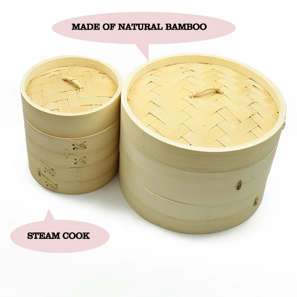 Cesta feita a vapor de bambu, desenho tradicional de 2 camadas - 8 polegadas - para bolinhos