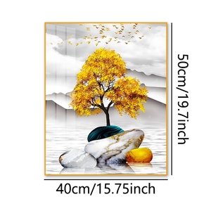 Feuilles dorées sur le lac miroir - <span class=keywords><strong>Peinture</strong></span> diamantée moderne en porcelaine cristalline dans un cadre en aluminium de qualité supérieure pour <span class=keywords><strong>d</strong></span>écoration murale - Product Image 1