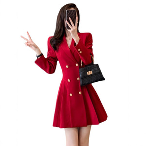 Red Long Sleeve Suit Dress With Gold Buttons Fit And Flare Silhouette For Career Wear - Product Image 5