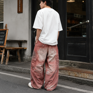 Pantaloni Cargo Larghi da Uomo Rossi Lavati con Strass, Effetto Acido, Multitasche, Gamba Larga, Stile Streetwear, Personalizzabili, Vendita all'Ingrosso - Product Image 5
