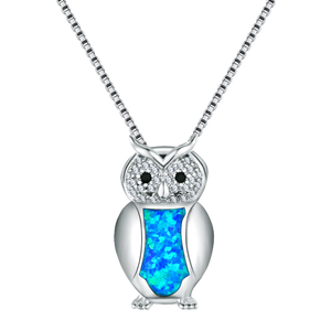 Búho chapado de cobre joyería de platino blanco ópalo azul mujeres gargantilla plata colgante collar - Product Image 1