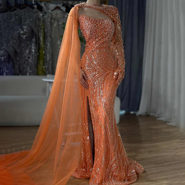 2025 Green One Shoulder Long Cloak Mermaid Beaded Luxury Evening Dresses Gowns for Women Wedding Party LA72282 main image 1