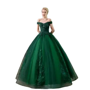 Nuevos vestidos de quinceañera Verdes fuera del hombro Apliques de encaje Vestido de baile clásico Color caramelo Vestidos de graduación Tallas grandes Suknia Balowa